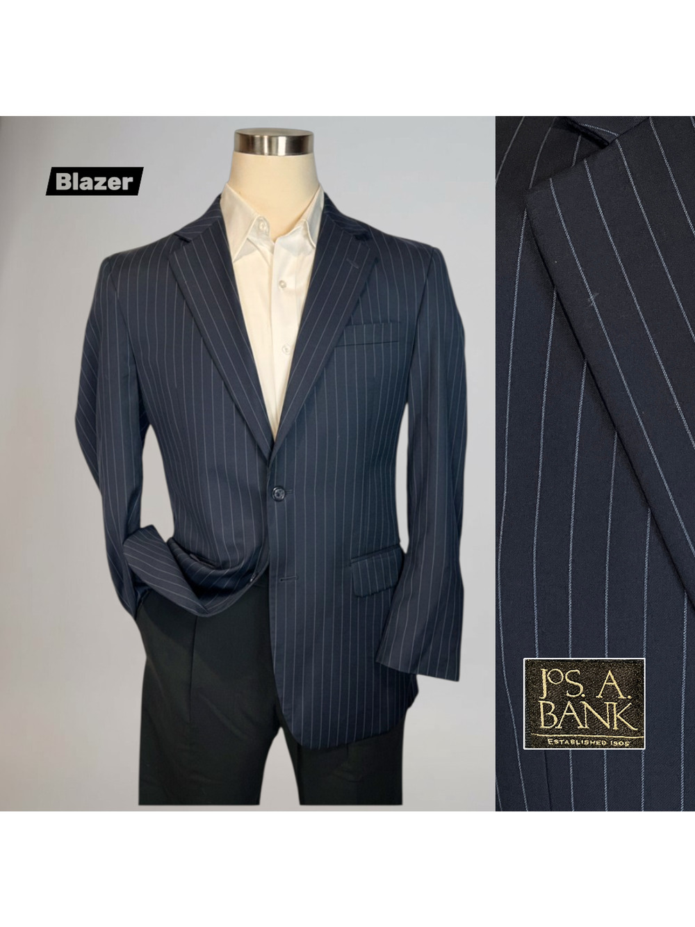 Jos A Bank Wool Cashmere Blazer 41-42R Dark Navy Blue Stripe Sport Coat
